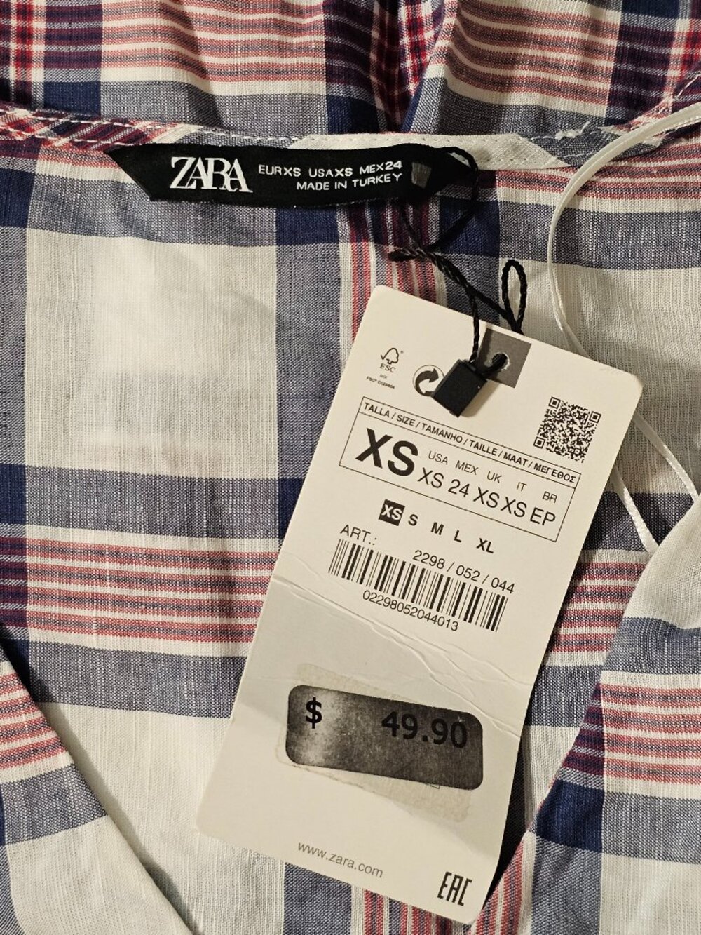 NWT Zara Plaid Babydoll Mini Dress Women’s XS V Neck Blue Red White Lined Boho - Picture 3 of 13